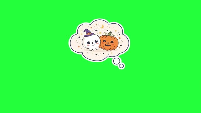 Cute halloween thought bubble with smiling ghost wearing witch hat 