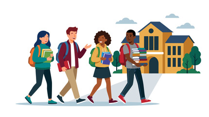 Fototapeta premium Diverse male and female students carrying books and backpacks walking together toward a university campus building, flat vector illustration