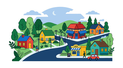 Fototapeta premium Vibrant flat design vector illustration of a cozy suburban neighborhood featuring colorful houses, a corner bistro, a cafe, winding roads, lush trees, and people under a soft evening sky.