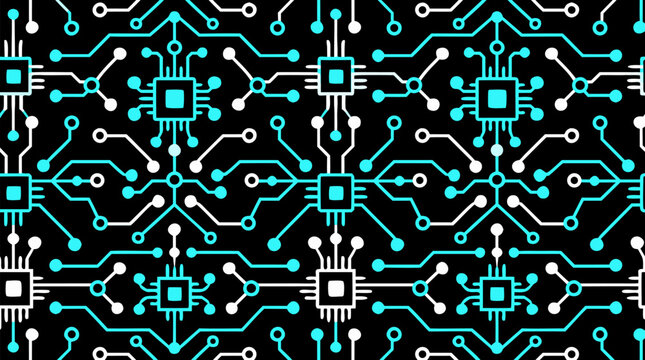 Repeating flat AI circuit pattern with glowing cyan node clusters, traces, and chip shapes on black background, geometric futuristic technology seamless design vector