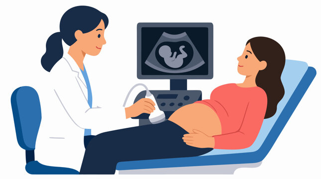 Female doctor performing prenatal ultrasound examination on pregnant woman lying on examination table with monitor displaying fetal scan in medical clinic vector illustration