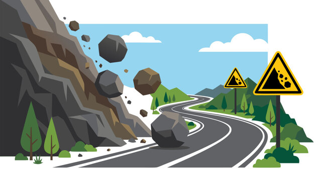 Rockslide hazard warning scene, large boulders tumbling down a steep mountainside onto a winding mountain highway, two triangular yellow falling rock caution signs, evergreen forest landscape,