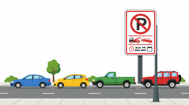 Flat vector illustration of a row of colorful cars and a pickup truck parked on a city street in front of a large no parking sign with a tow away zone warning and specific time restrictions.