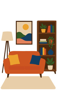 Cozy Living Room Interior Vector Illustration with Orange Sofa, Tripod Floor Lamp, Wooden Bookshelf with Plants and Books, Abstract Framed Wall Art, and Rug in a Modern Minimalist Flat Style.