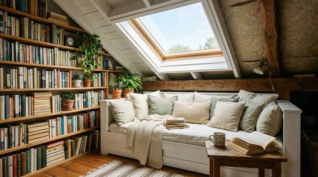 Cozy attic reading nook with built-in white daybed, sage and cream cushions, tall bookshelves filled with books, skylight window, plants and wooden beams