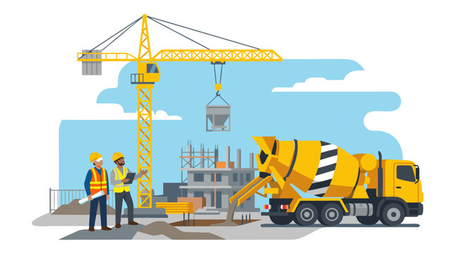 Professional construction engineers in safety gear supervising a busy building site with a massive yellow tower crane, rotating cement mixer truck, and urban development project, vector art.