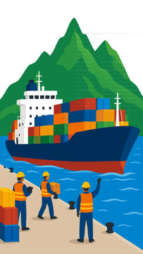 Flat vector illustration of a large cargo ship loaded with colorful containers at a harbor, dock workers in safety gear on the pier, set against a backdrop of majestic green mountains and sea.