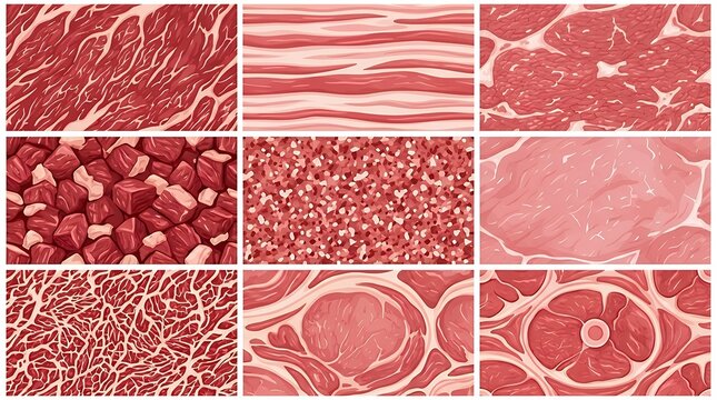 Vectorof Fresh Raw Meat Texture Seamless Patterns Including Beef Pork and Lamb Cuts meat texture pattern raw beef pork lamb steak marble marbling red freshillustrationcollection