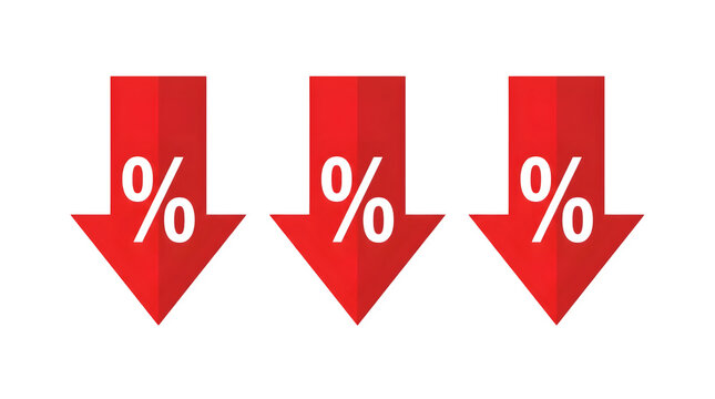 Red downward arrows with percent signs, price drop and discount concept, financial loss and interest rate reduction icons