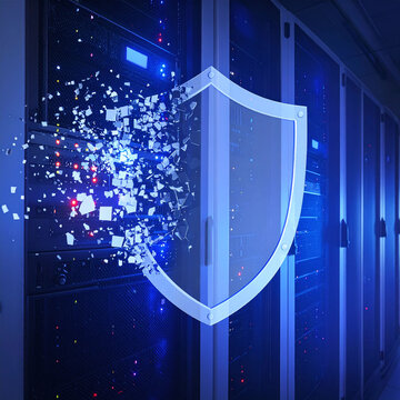 A futuristic data center server room where a glowing digital security shield shatters during a cyber attack, symbolizing a data breach and vulnerable network safety. Nobody present.