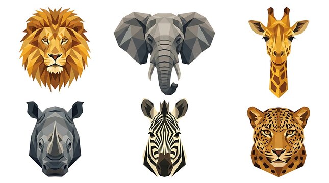 Low poly geometric heads of safari animals lion elephant giraffe