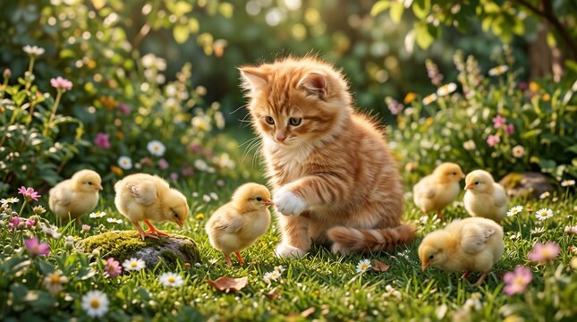 Ginger kitten playing with yellow chicks in a sunny garden, adorable baby animals in spring meadow, cute pet friendship