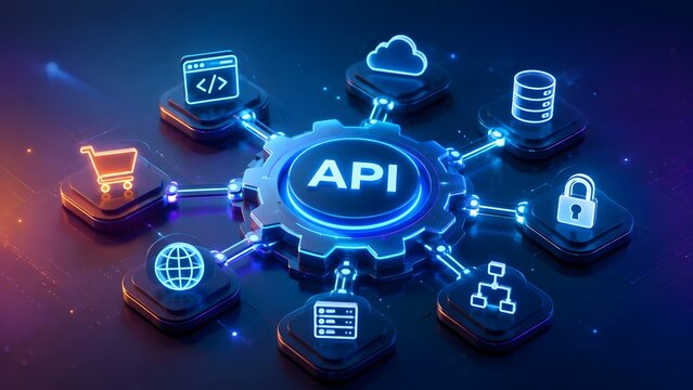 Glowing API network integration interface connecting database cloud and security technology systems