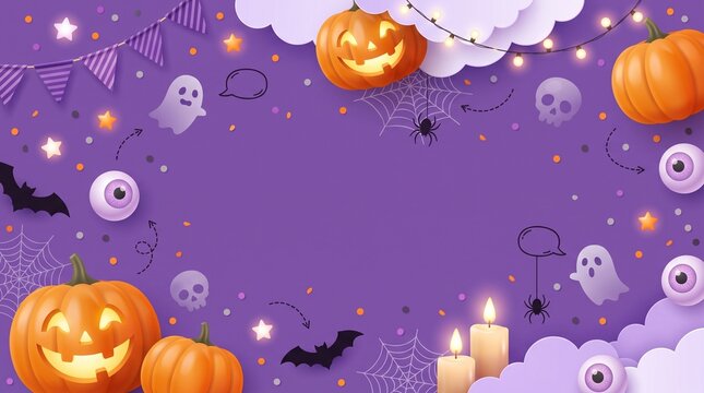 Happy halloween background frame with cute pumpkins ghosts bats and candles on a purple backdrop