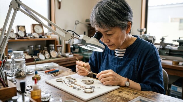 Senior Asian Woman Watchmaker Repairing Vintage Mechanical Watch Parts in Workshop. Concept of craftswoman, artisan, precision, micro mechanical.