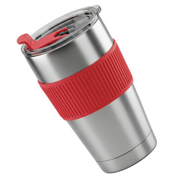 Modern reusable travel tumbler with a red accent band isolated on transparent background