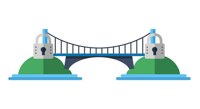 Cybersecurity Concept Illustration of a Secure Bridge with Padlocks Connecting Two Islands Representing Safe Data Transfer and Network Protection