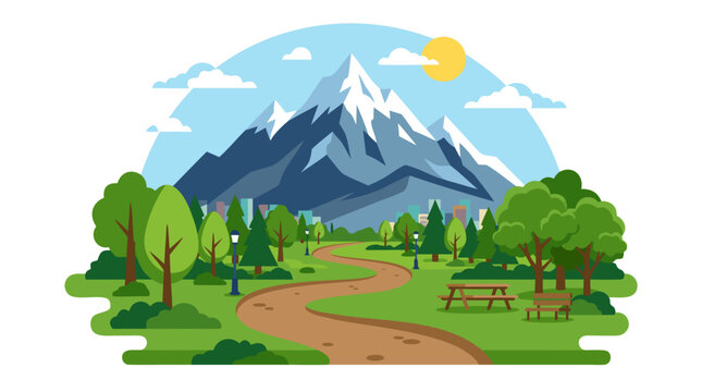 Peaceful city park vector illustration featuring a winding walking path, lush green trees, picnic table, and a majestic snow-capped mountain peak under a bright sunny sky with fluffy clouds.