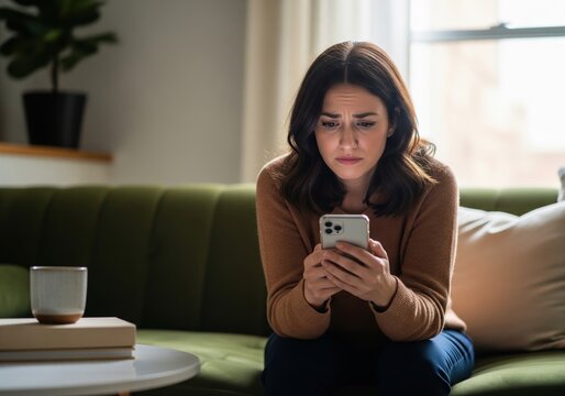 Sad Worried Woman Sitting On Sofa Holding Smartphone Looking At Screen At Home