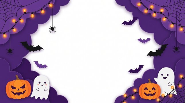 Cute halloween border frame with ghosts pumpkins bats and fairy lights on a dark purple background