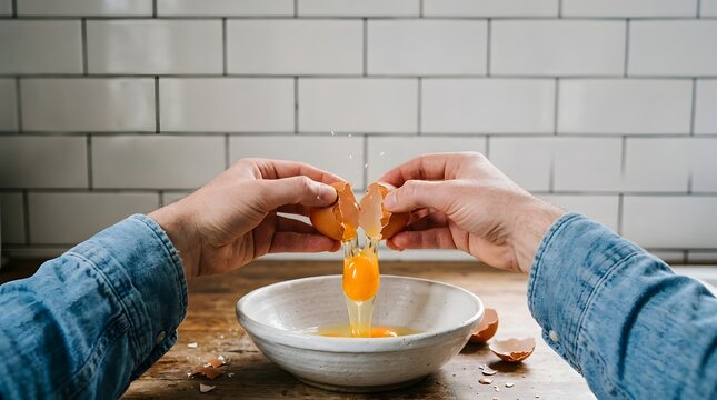 Baker hands cracking fresh brown organic egg yolk into ceramic bowl for baking recipe in home kitchen