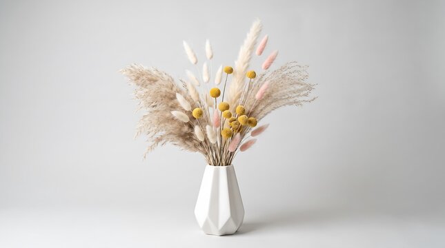 Dried pampas grass and billy buttons bouquet inside a white geometric ceramic