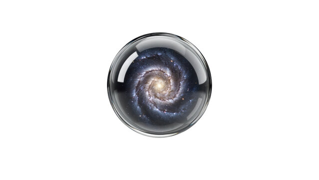 A glowing spiral galaxy captured inside a transparent glass sphere orb isolated on a transparent background