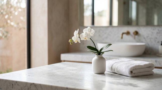 Minimal spa bathroom still life with white orchid and folded towels on marble
