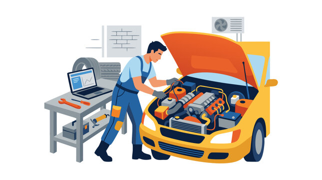 Vector Illustration of a Professional Auto Mechanic in Blue Overalls Inspecting an Open Yellow Car Engine in a Garage Workshop, Using a Laptop for Diagnostics and Tools on a Workbench.