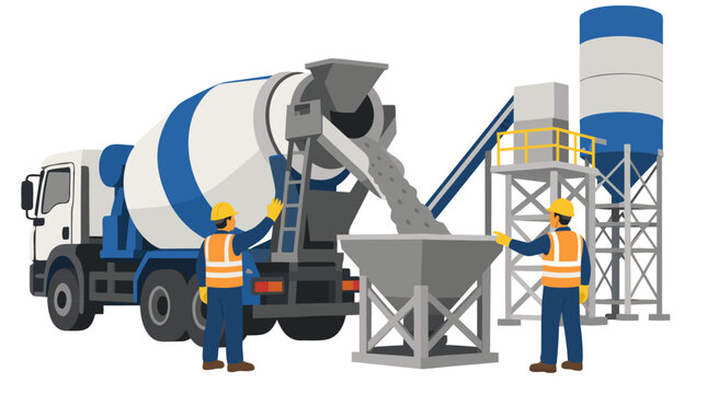 Two construction workers in hard hats and high-visibility vests directing a concrete mixer truck pouring gray cement at building site vector illustration
