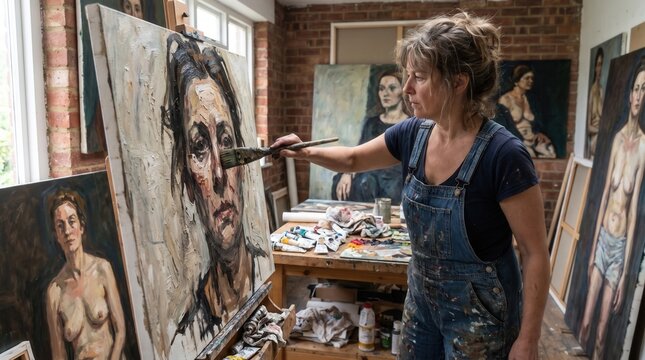 Female artist painting expressionist oil portrait on canvas easel in creative art studio. Concept of painter.