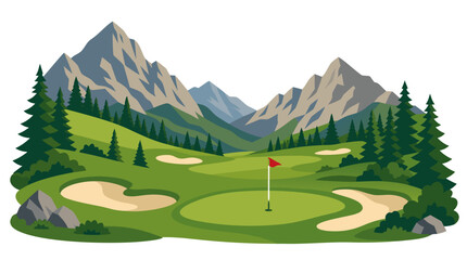 Fototapeta premium Rolling green golf course with sand bunkers and red flagstick nestled in valley surrounded by rocky mountains and pine trees vector illustration
