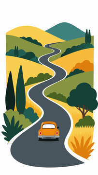 Flat vector illustration of orange car driving on winding road through scenic countryside hills, cypress trees, golden fields and green meadows in vibrant flat design