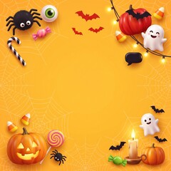 Fototapeta premium Cute halloween border background with pumpkins ghosts spiders candy bats and party lights on an orange backdrop for festive holiday celebration invitation design