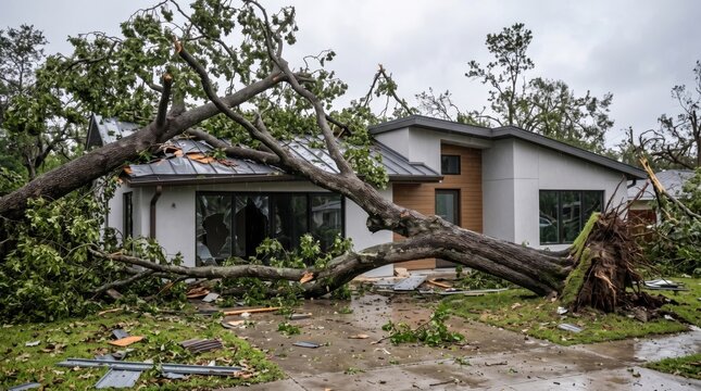 Large uprooted tree blocking the entrance of a modern house after a violent storm