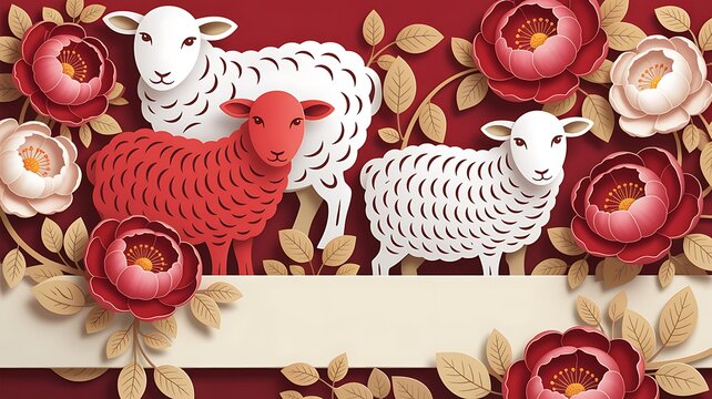 Cute sheep with red and pink flowers decorative pattern