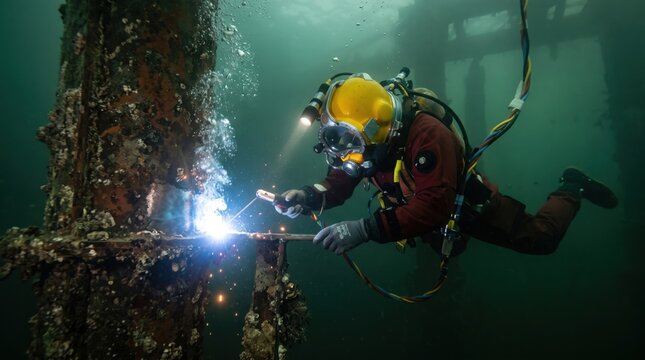 Commercial diver performing underwater welding repairs on a rusty steel metal structure. Concept of construction, works, underwater construction, deep sea diver. Copy space.