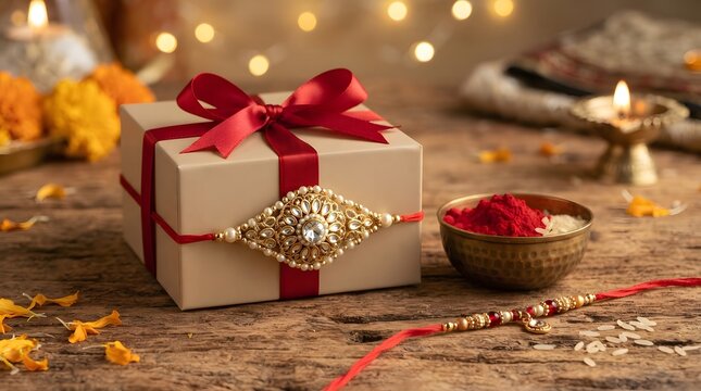 Raksha bandhan gift box with a decorative rakhi, vermilion powder, and rice grains on a rustic wooden table with bokeh lights