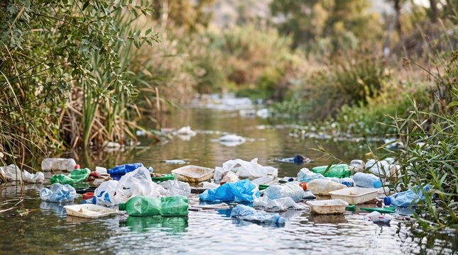 Plastic packaging and bottles polluting a natural stream in a green wetland