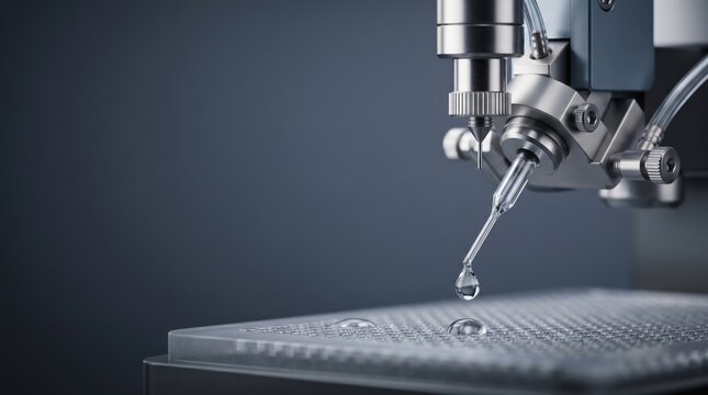 Microfluidic precision dispenser releasing a single droplet onto a textured laboratory chip