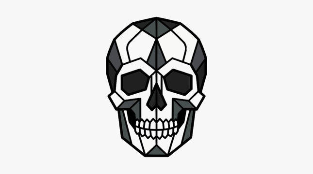 Symmetrical geometric human skull vector illustration featuring a minimalist low poly design with sharp facets and monochrome grayscale tones, isolated on a plain white background.