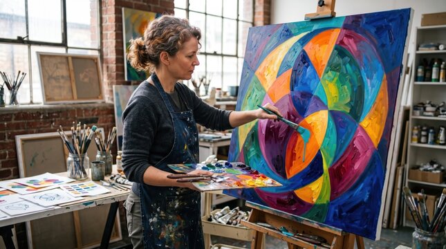 Female artist painting colorful abstract canvas on easel in creative studio workshop. Concept of art studio, painter.
