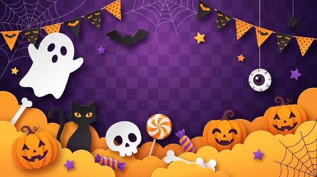 Cute cartoon halloween background with ghost pumpkin skull cat and candy on a purple night sky