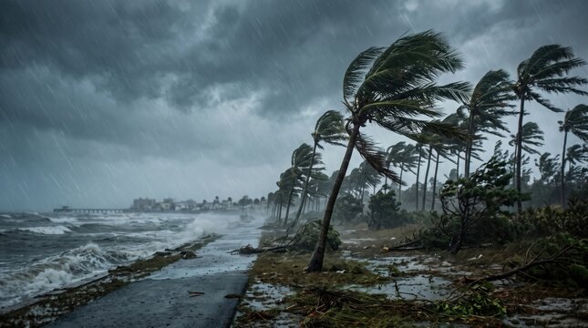 Hurricane force winds bending palm trees along a flooded tropical coastline