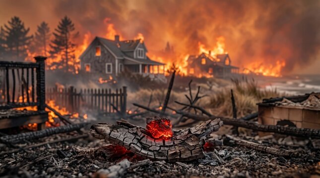 Active wildfire engulfing homes in a residential area with glowing embers and flames