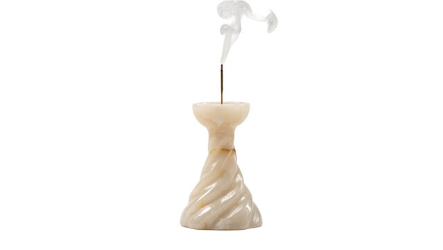 A single incense stick burning in a twisted pale beige alabaster stone holder on a white background, isolated on a, transparent background