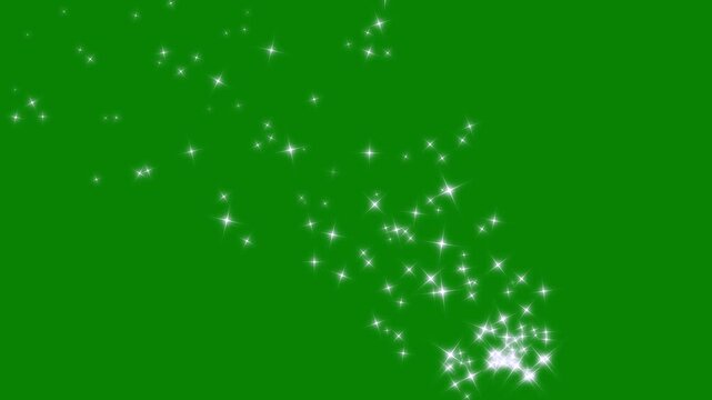 Sparkling star dust trail and twinkling glitter stars overlay white shining particles with glowing magic burst cartoon doodle twinkle line animation, seamless loop on green screen 4k