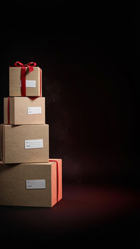 A stack of four cardboard gift boxes tied with a red ribbon, illuminated by a dramatic red spotlight.