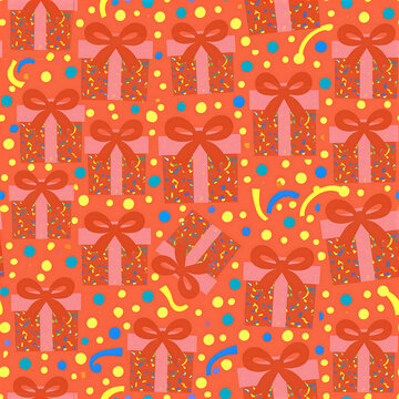 Bright birthday parcels on an orange background in a seamless pattern