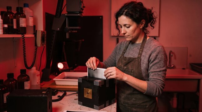Female photographer developing photo print in darkroom under red light studio environment. Concept of photo processing.